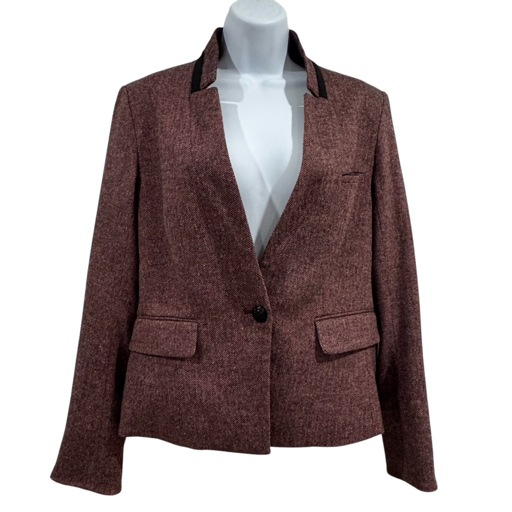 Veronica Beard Tate Herringbone Wool Blend Collar Blazer Jacket Burgundy Sz 8